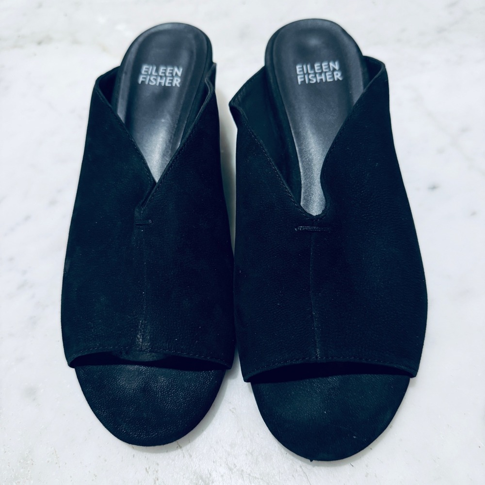 Eileen Fisher Suede Mules Open Toe Wedge Heel Slides Black Size 6‎